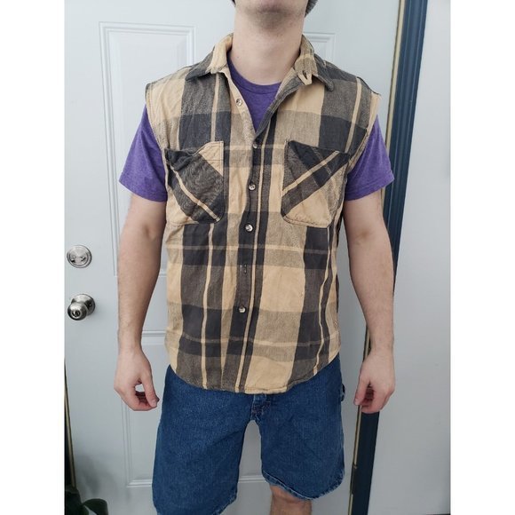 Tan‎ and Gray Cut Off Flannel Button Down - Picture 1 of 5